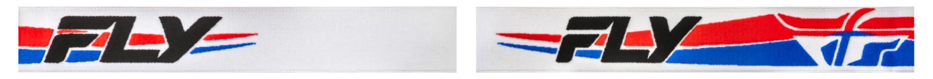 White, red and blue Fly Racing Focus goggle strap, flat view