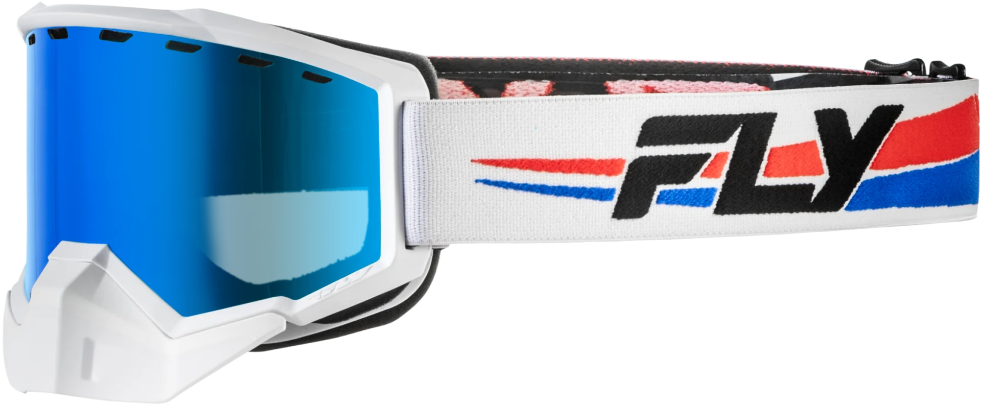 White, red and blue Fly Racing Focus snow goggles with blue mirror lens, side view
