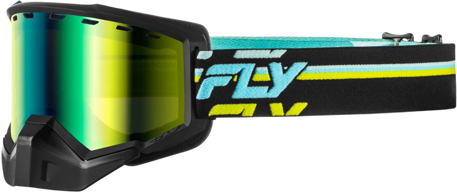 Black and hi-vis Fly Racing Focus snow goggles with green mirror lens, side view