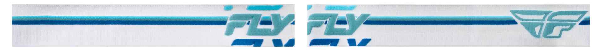 White and blue Fly Racing Focus goggle strap, flat view