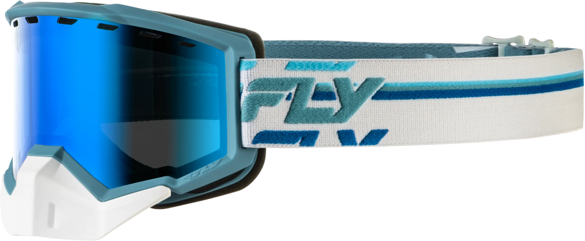 White and blue Fly Racing Focus snow goggles with blue mirror lens, side view
