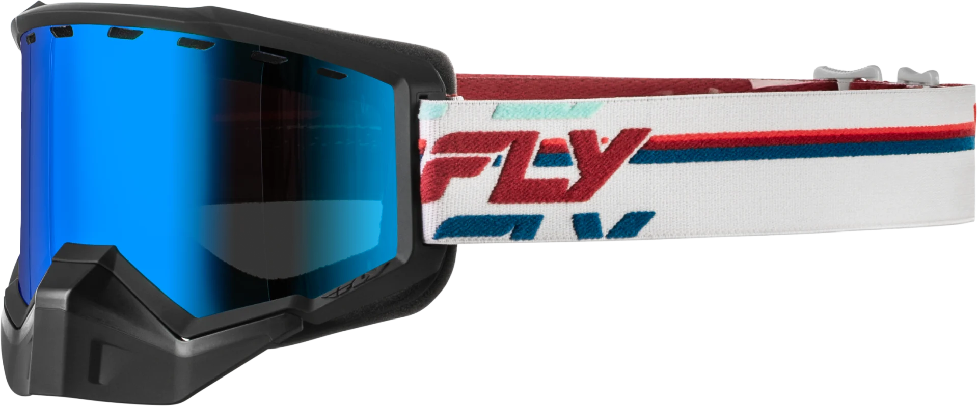 Red and white Fly Racing Focus snow goggles with blue mirror lens, side view
