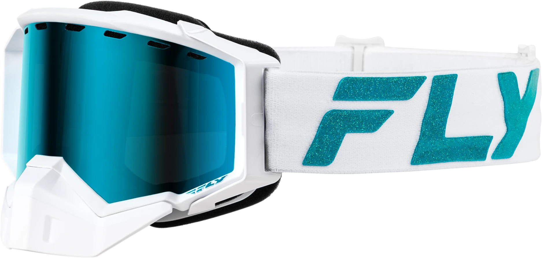 FLY Racing 2024 Zone Elite Snow Goggles in White/Teal with sky blue lens, front view