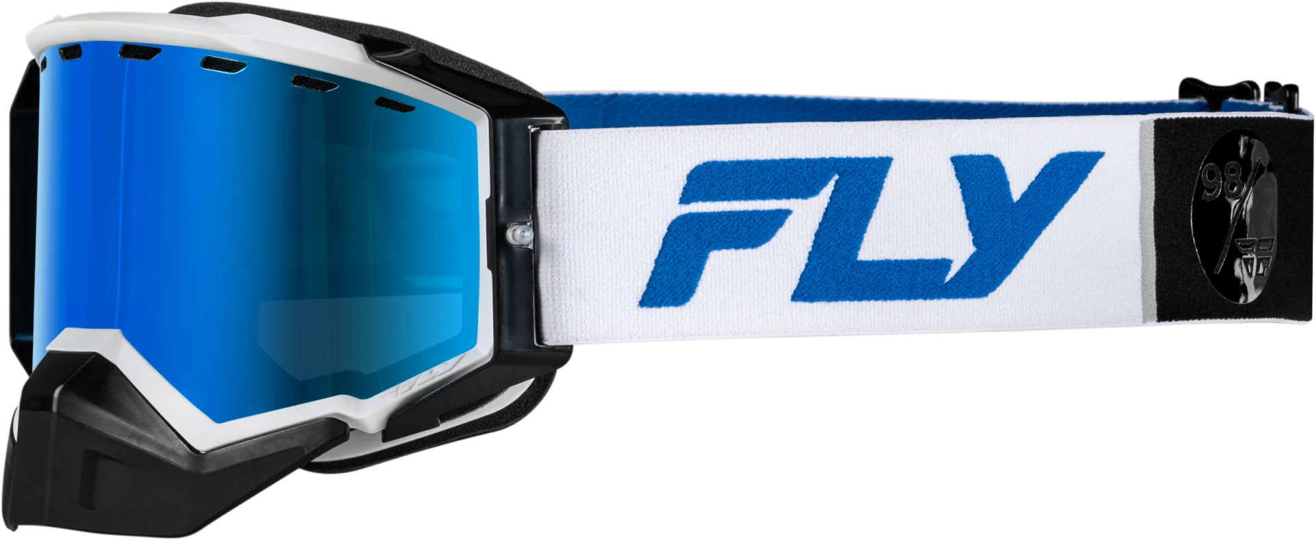 FLY Racing 2024 Zone Elite Snow Goggles White/Blue with dark blue mirror lens, front view