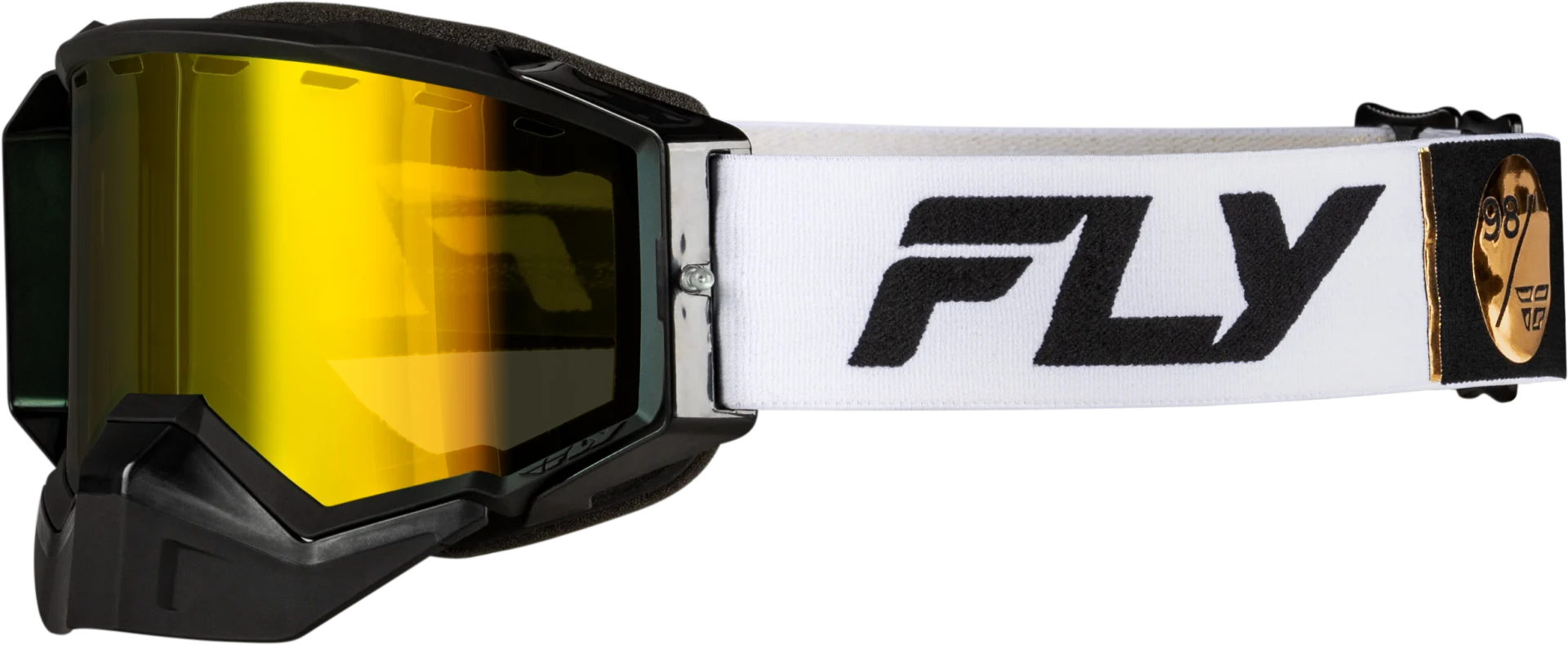 Fly Racing 2024 Zone Elite Snow Goggles in White/Black with gold mirror lens, front view