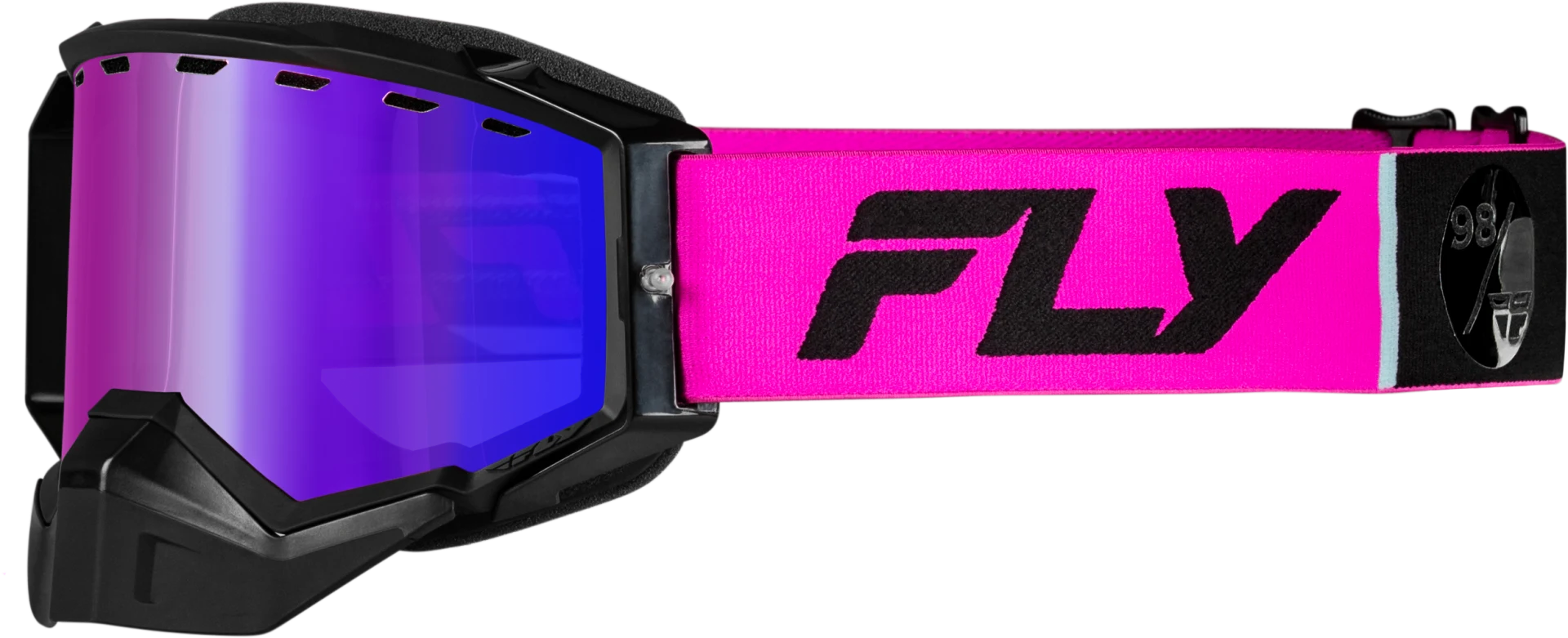 Fly Racing 2024 Zone Elite Snow Goggles in Pink/Black with purple mirror lens, front view