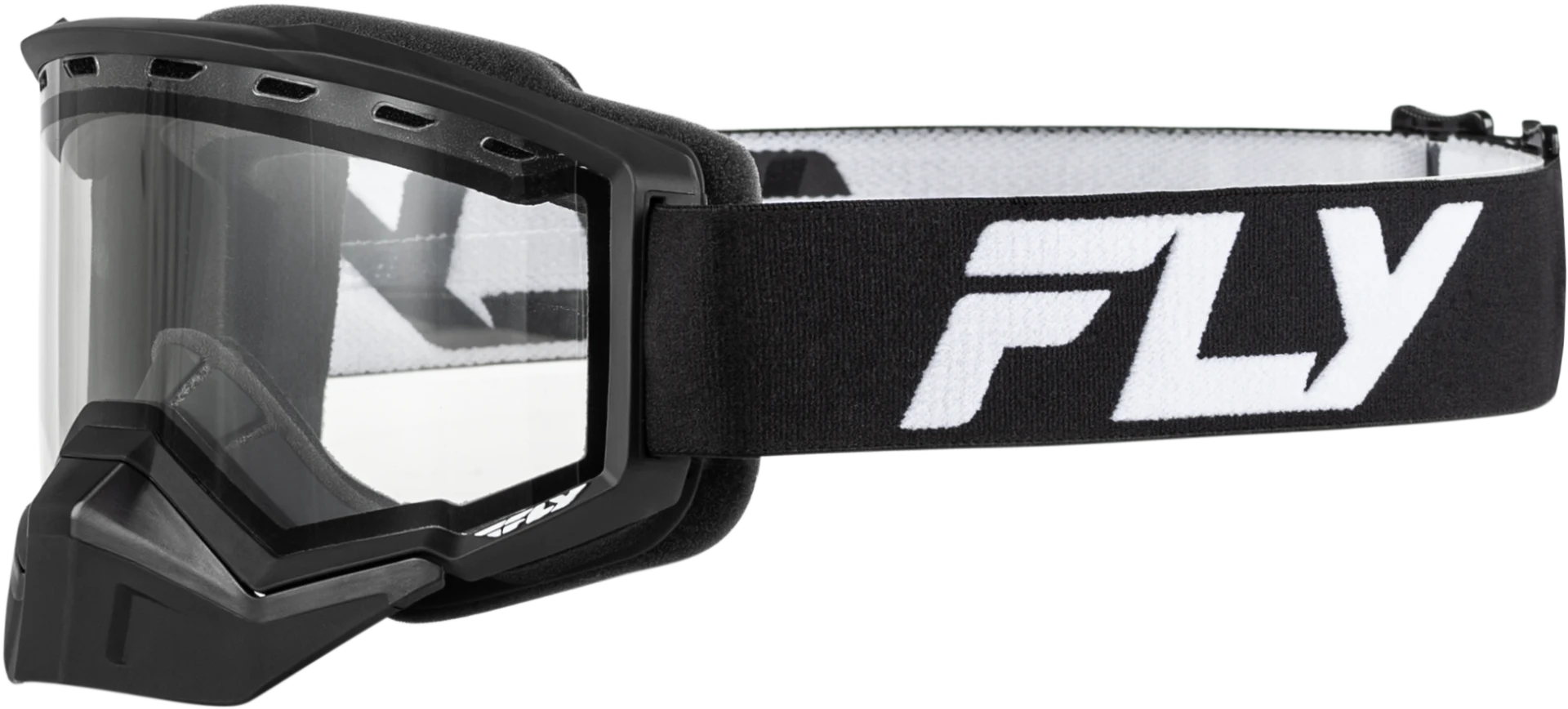 Black and white Fly Racing youth Focus snow goggles with clear lens, side view