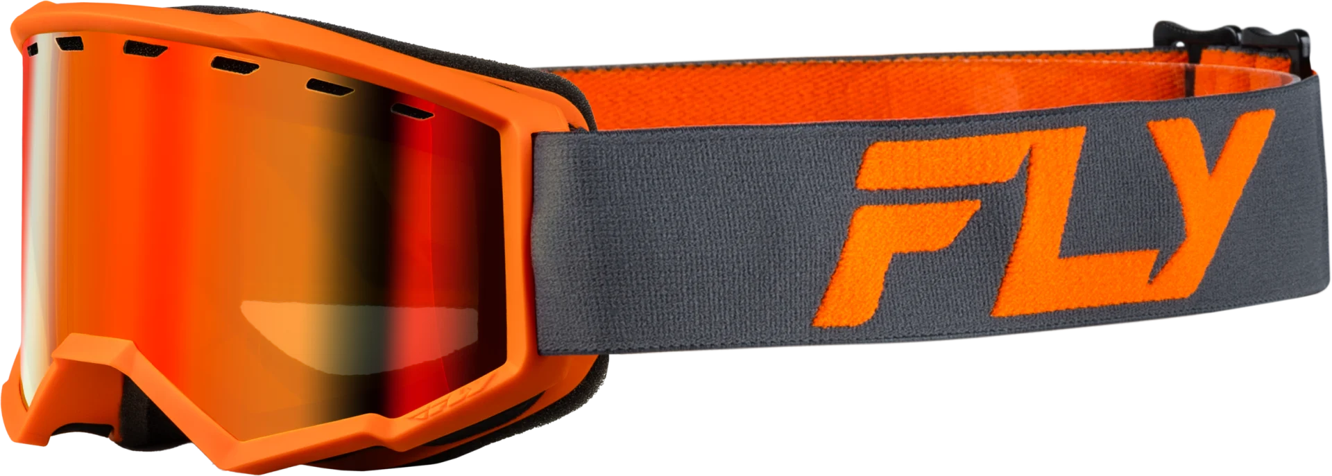 Charcoal and orange Fly Racing youth Focus snow goggles with red mirror lens, side view