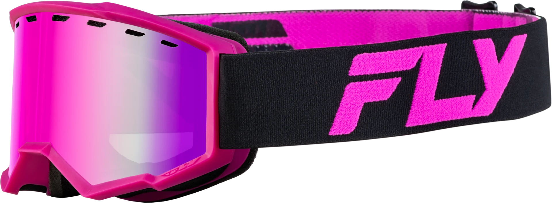 Black and pink Fly Racing youth Focus snow goggles with pink mirror lens, side view