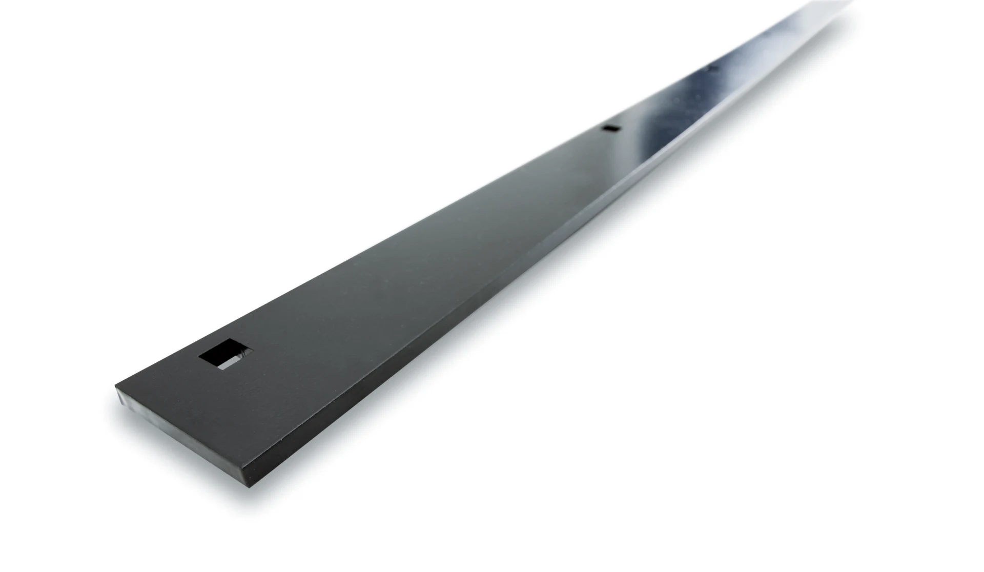 WARN black steel plow wear bar, angled end view showing mounting hole