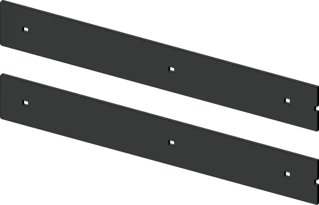 Two black KFI 42-inch steel plow wear bar sections with mounting holes, laid side by side