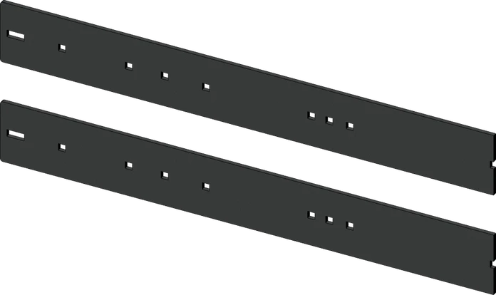 Two black KFI 48-inch steel plow wear bar sections with mounting holes, laid side by side