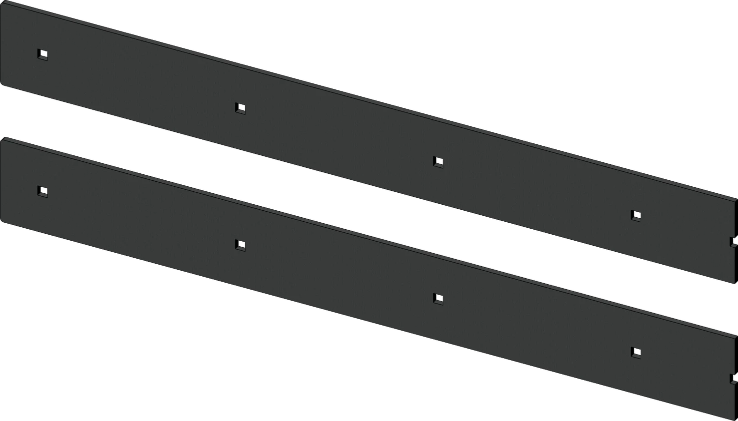Two black KFI 52-inch steel plow wear bar sections with mounting holes, laid side by side