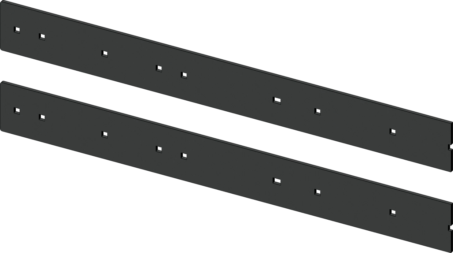 Two black KFI 54-inch steel plow wear bar sections with mounting holes, laid side by side