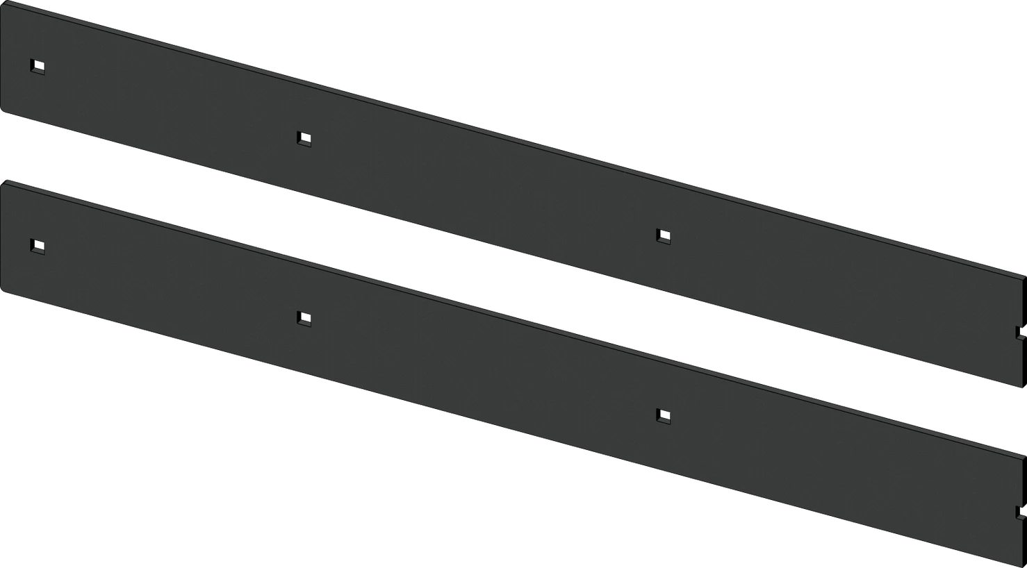 Two black KFI 55-inch steel plow wear bar sections with mounting holes, laid side by side