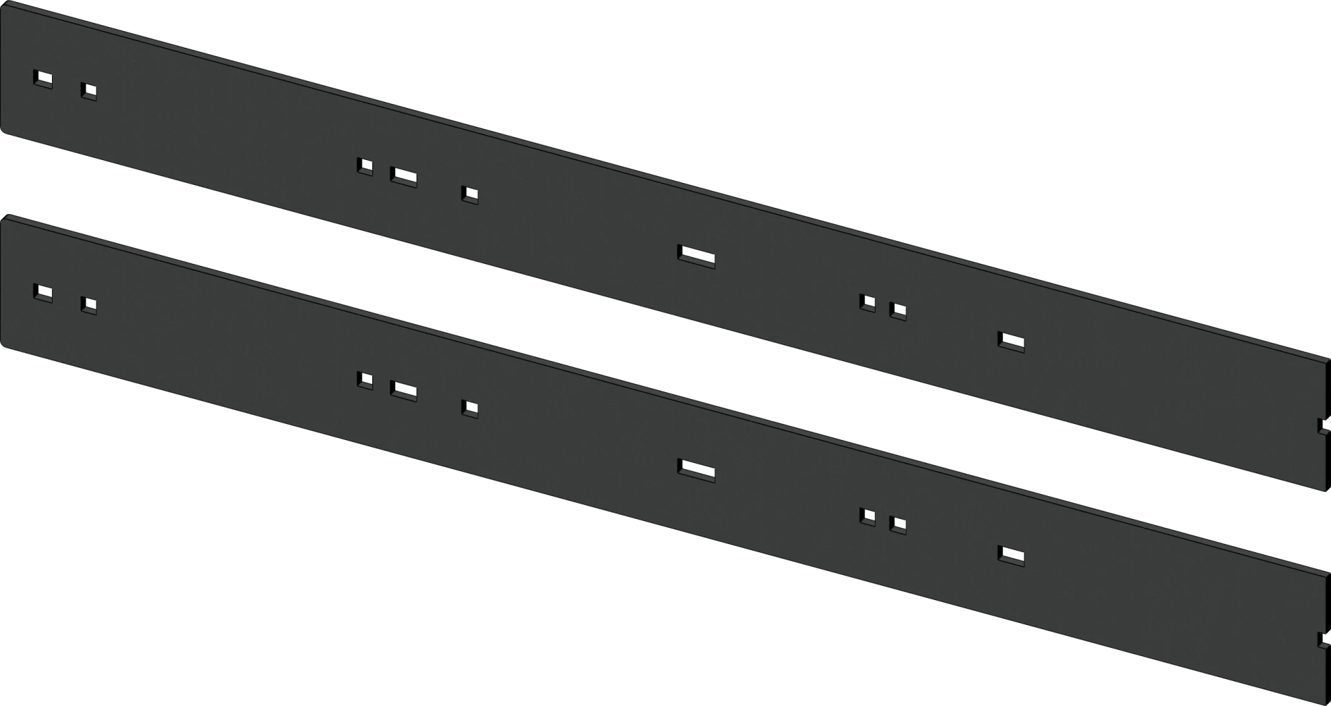 Two black KFI 60-inch steel plow wear bar sections with mounting holes, laid side by side