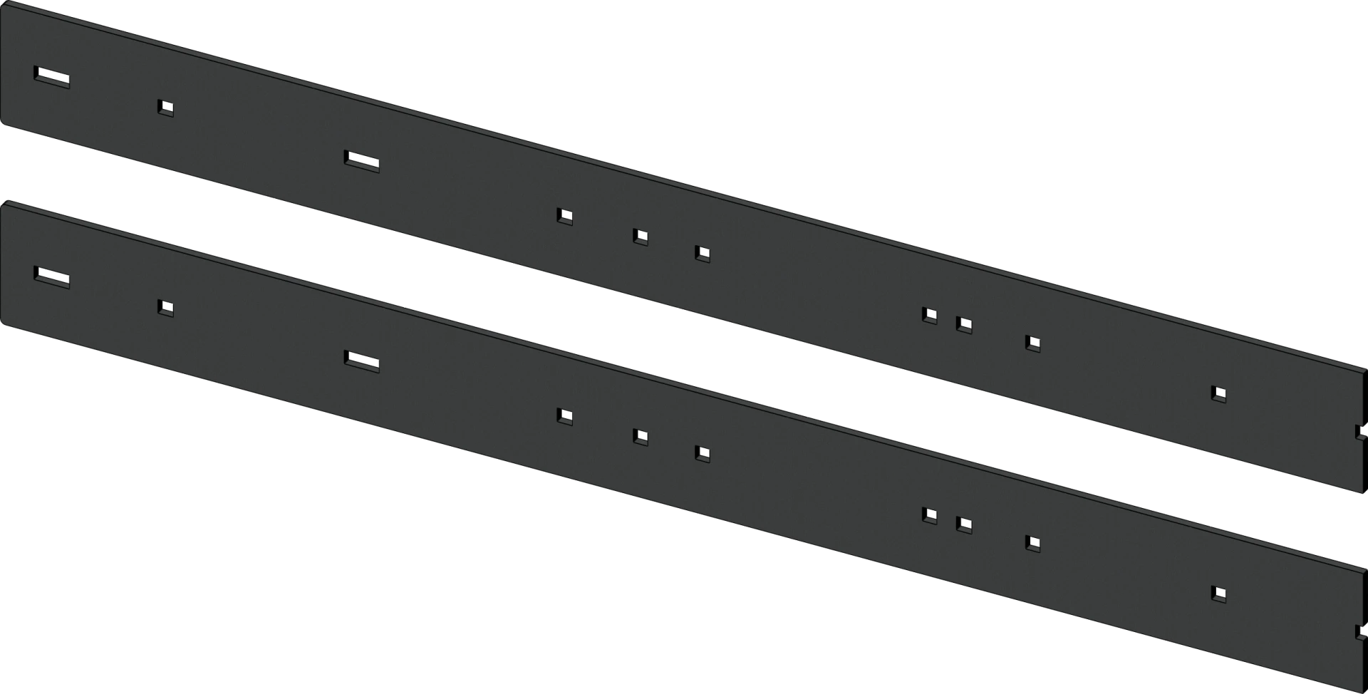Two black KFI 66-inch steel plow wear bar sections with mounting holes, laid side by side