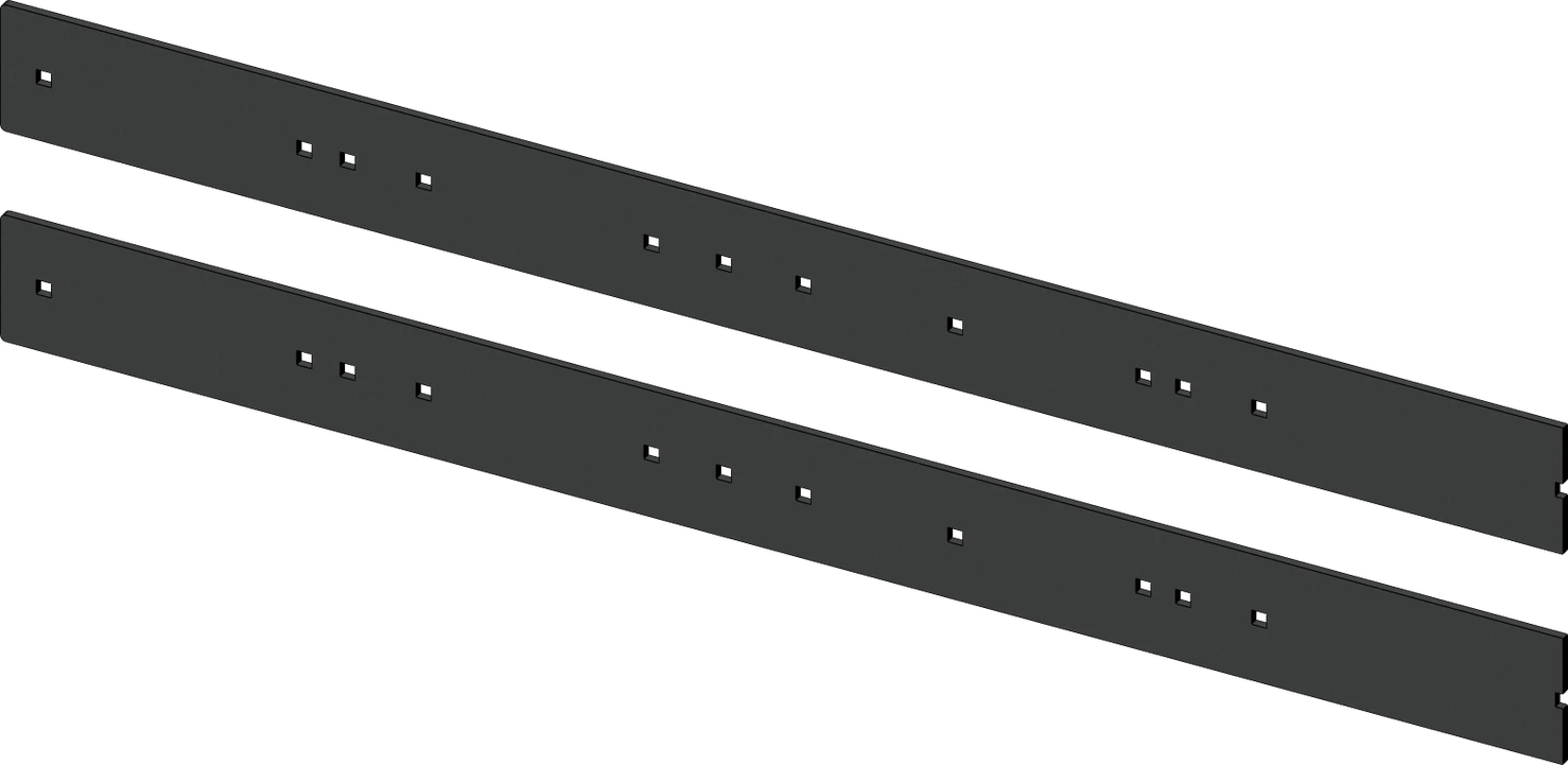 Two black KFI 72-inch steel plow wear bar sections with mounting holes, laid side by side