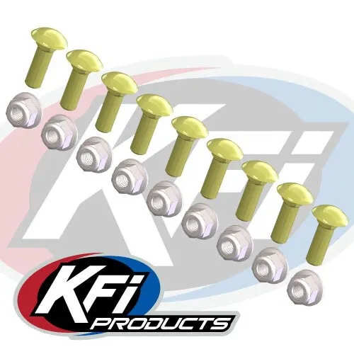 KFI wear bar hardware kit: silver carriage bolts and flange nuts in front of the KFI Products logo