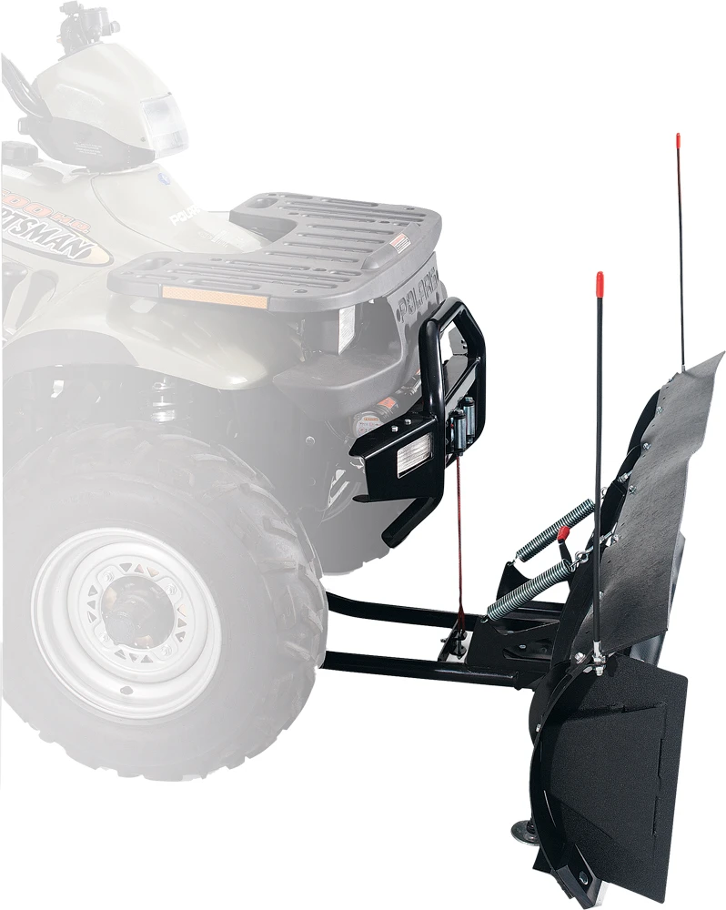 WARN plow blade markers with red tips mounted on both ends of a plow blade on an ATV, side view