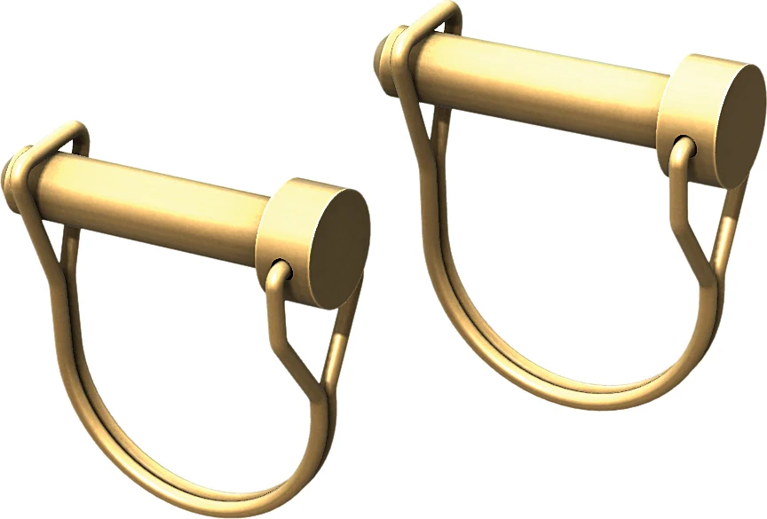 Two yellow zinc-plated KFI 3/8-inch plow pins with ring clips, side view