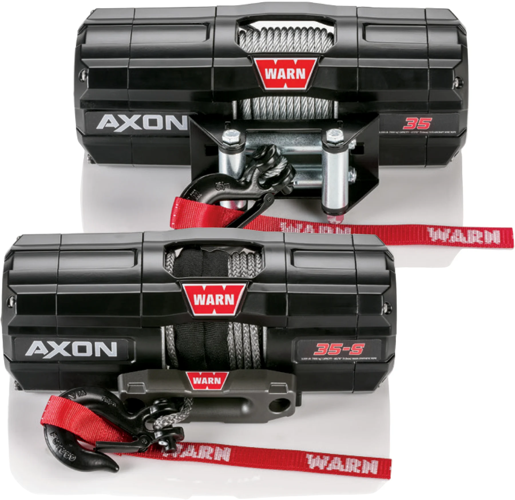 WARN AXON 35 steel-cable winch and AXON 35-S synthetic-rope winch, front view
