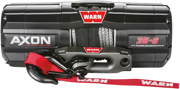 WARN AXON 35-S winch with synthetic rope and red hook strap, front view