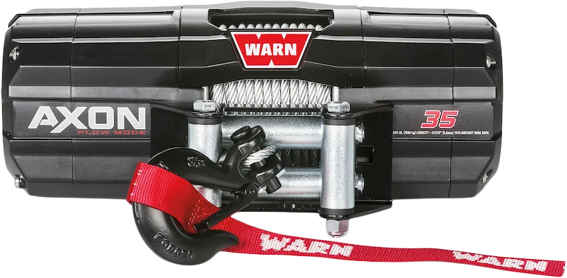 WARN AXON 35 winch with steel cable and roller fairlead, front view