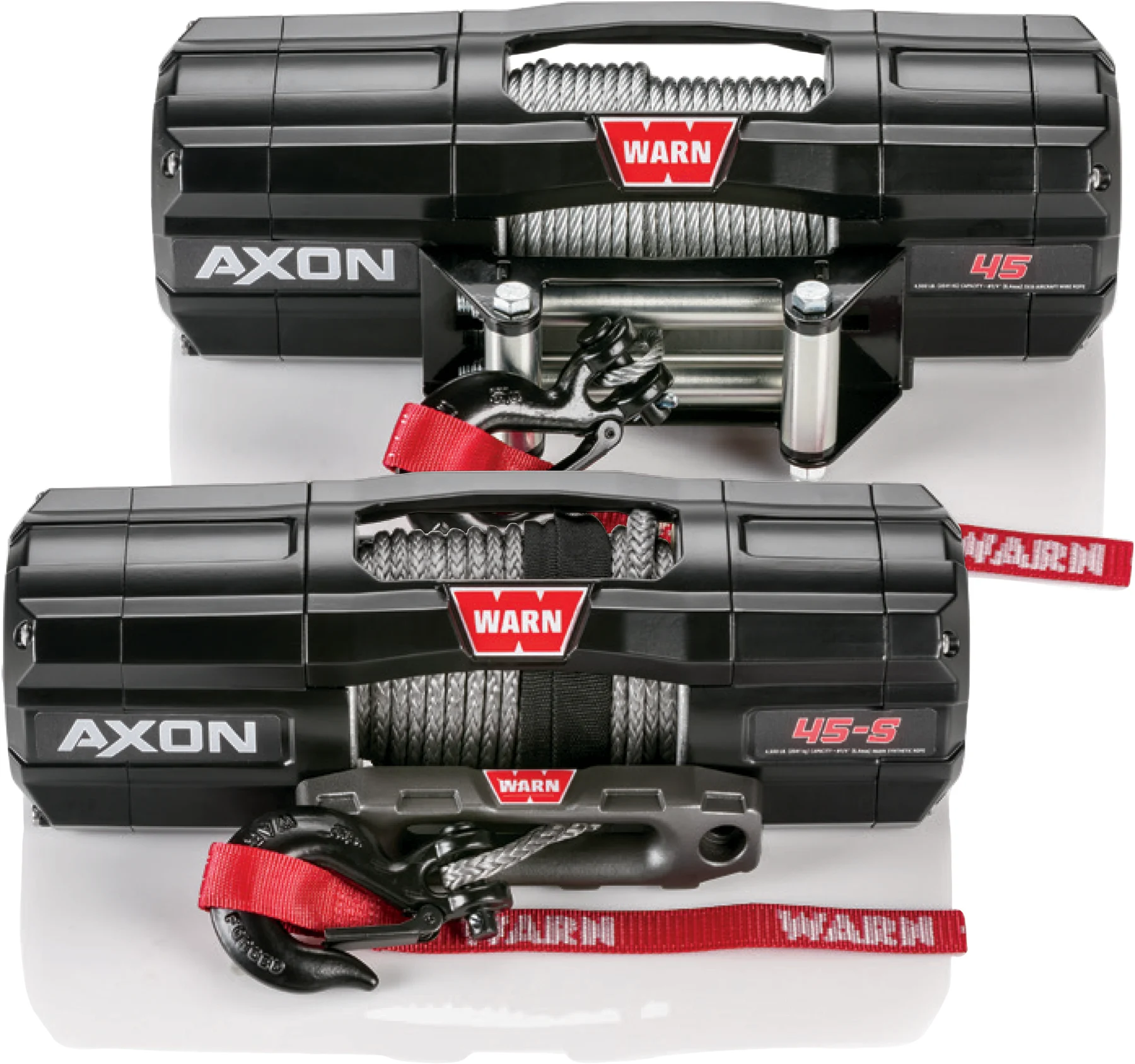 WARN AXON 45 steel-cable winch and AXON 45-S synthetic-rope winch, front view