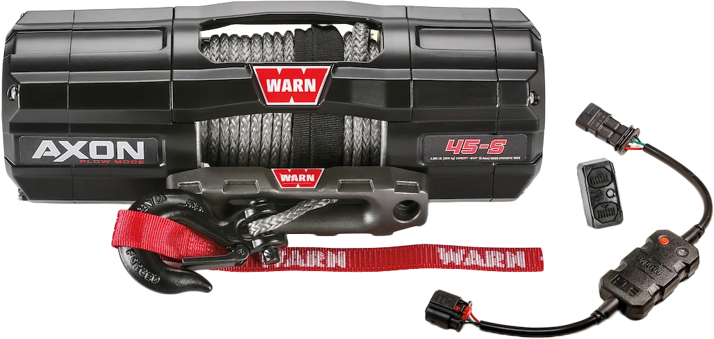 WARN AXON 45-S winch with synthetic rope and wiring harness, front view