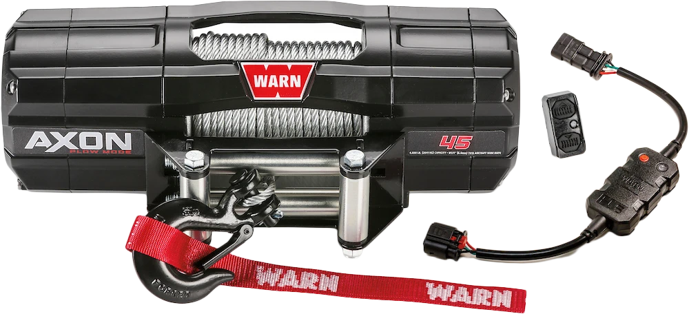 WARN AXON 45 winch with steel cable, roller fairlead and wiring harness, front view