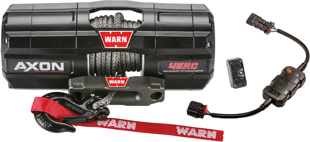WARN AXON 45RC short-drum winch with synthetic rope and wiring harness, front view