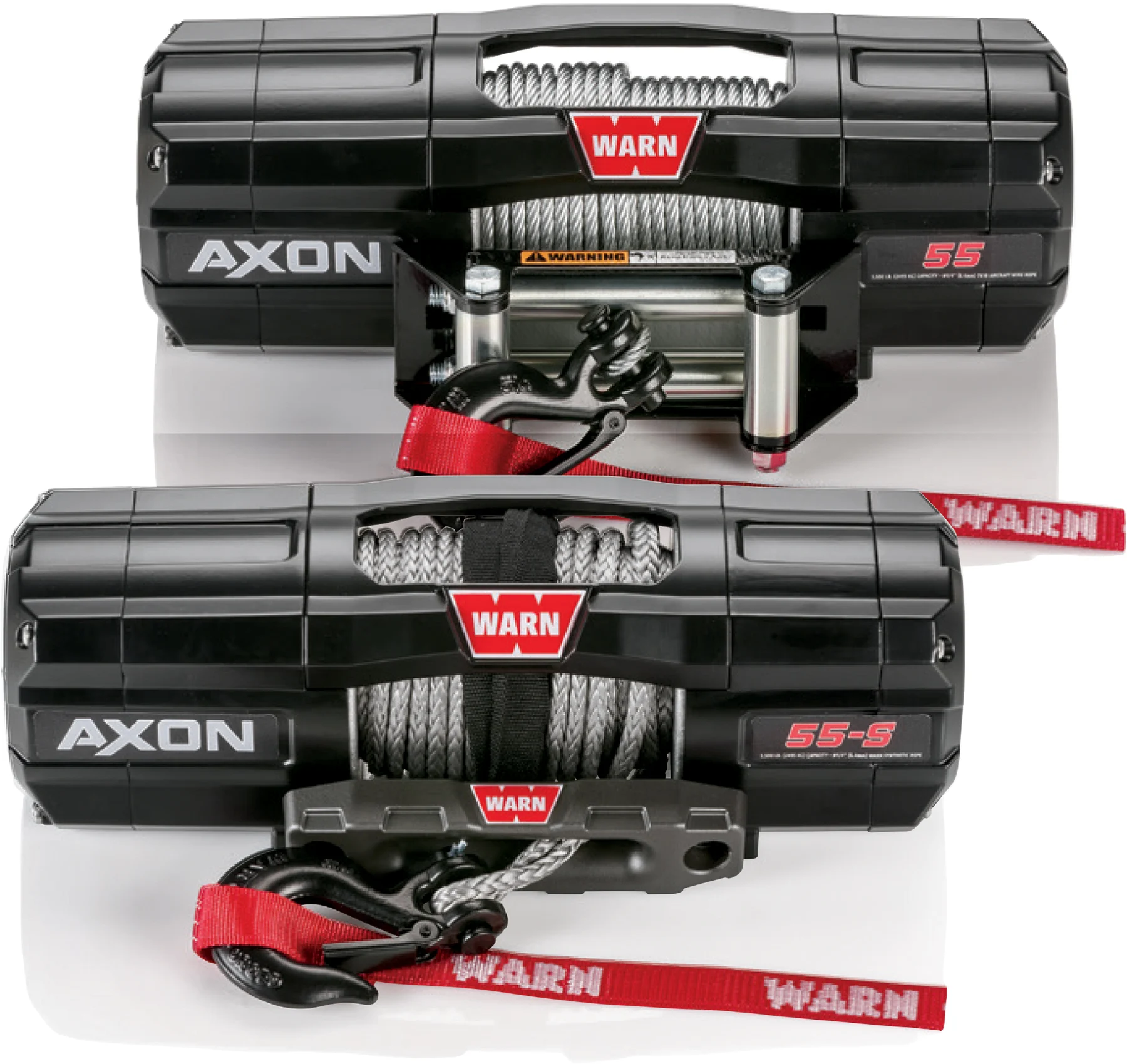 WARN AXON 55 steel-cable winch and AXON 55-S synthetic-rope winch, front view