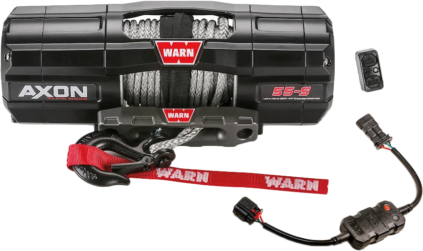 WARN AXON 55-S winch with synthetic rope, HUB receiver and wiring harness, front view