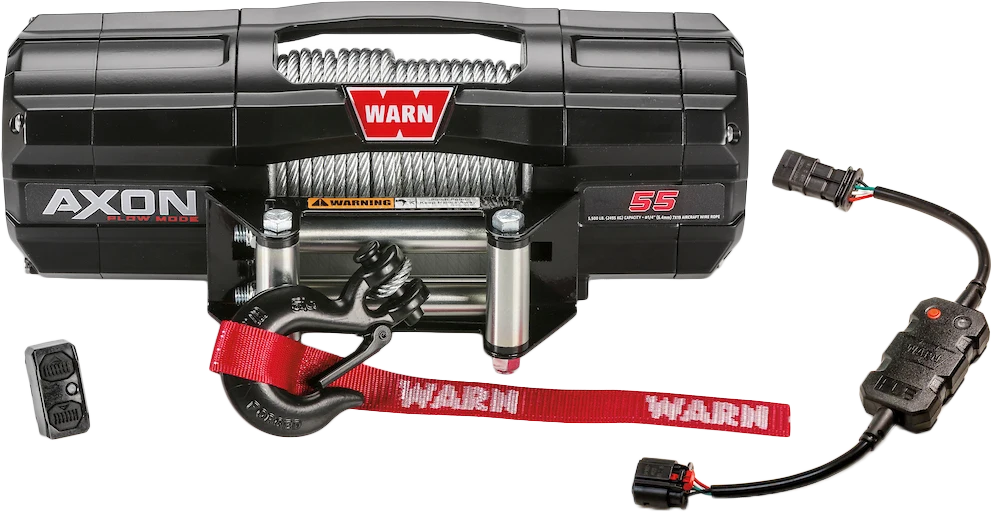 WARN AXON 55 winch with steel cable, roller fairlead and wiring harness, front view