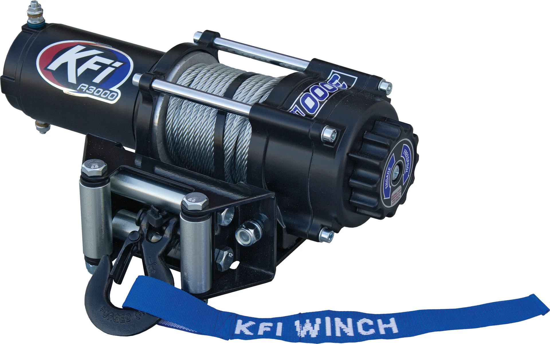 Black KFI A3000 ATV winch with steel cable, roller fairlead and blue KFI Winch strap, front three-quarter view