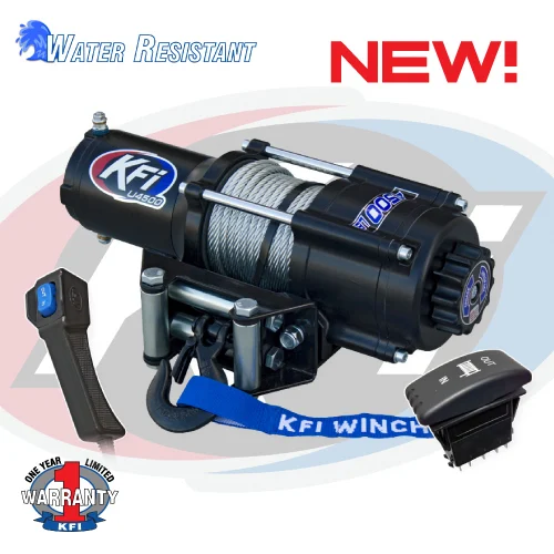 Black KFI U45-R2 UTV winch with steel cable, blue strap, dash rocker switch and corded remote