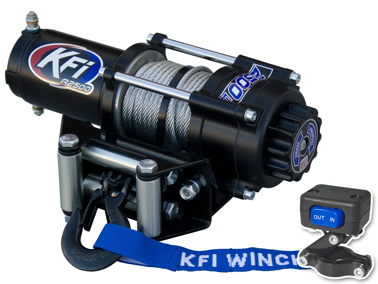 Black KFI A2500-R2 ATV winch with steel cable, roller fairlead, blue strap and handlebar switch, front three-quarter view