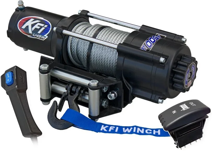 Black KFI U45W-R2 wide UTV winch with steel cable, blue strap, dash rocker switch and corded remote