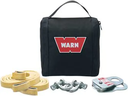 WARN Light-Duty Winching Accessory Kit with black carry bag, tree trunk protectors, shackles and snatch block