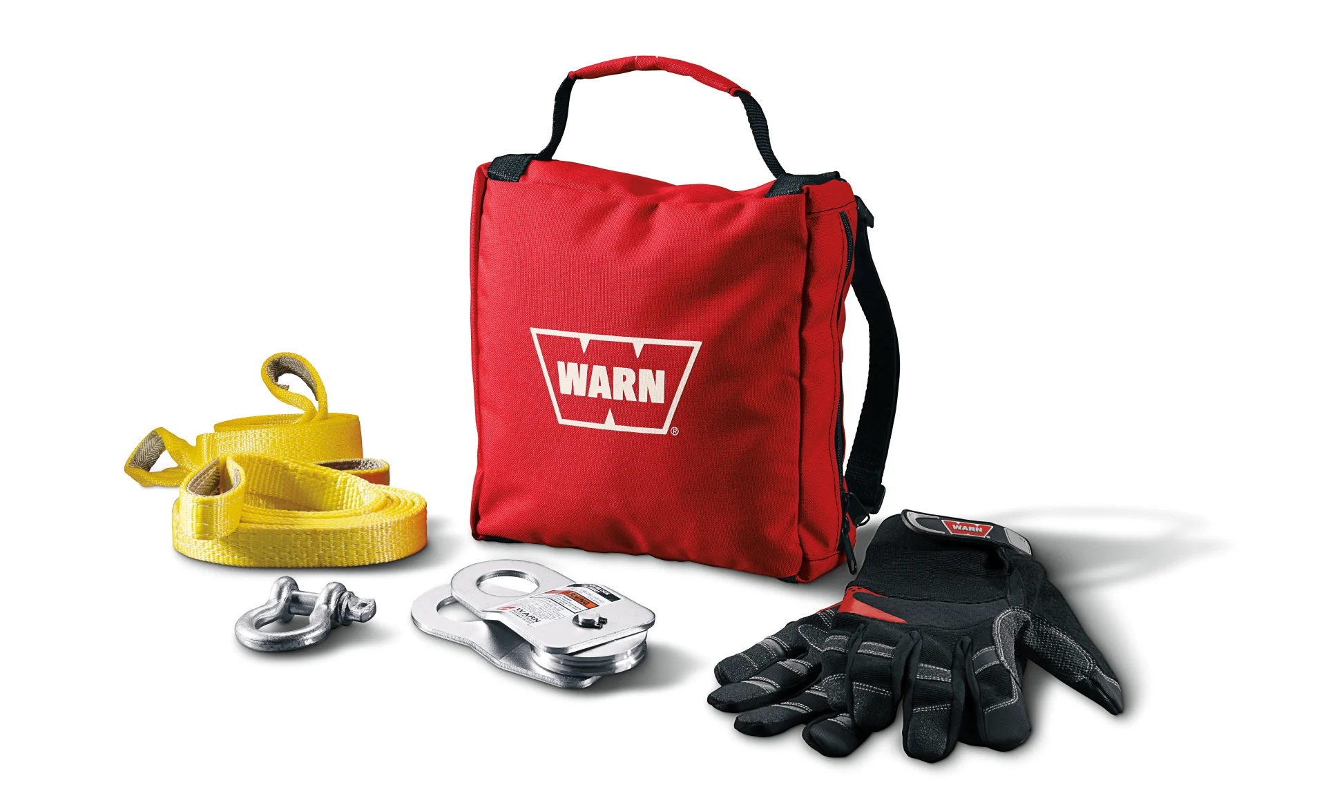 WARN Light-Duty Winching Accessory Kit with red carry bag, yellow tree trunk protectors, shackle, snatch block and gloves