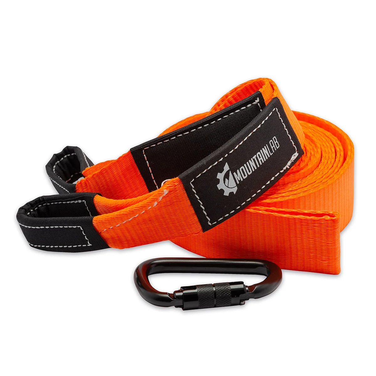 Orange Mountain Lab 20-foot tow and recovery strap, coiled, with black steel carabiner