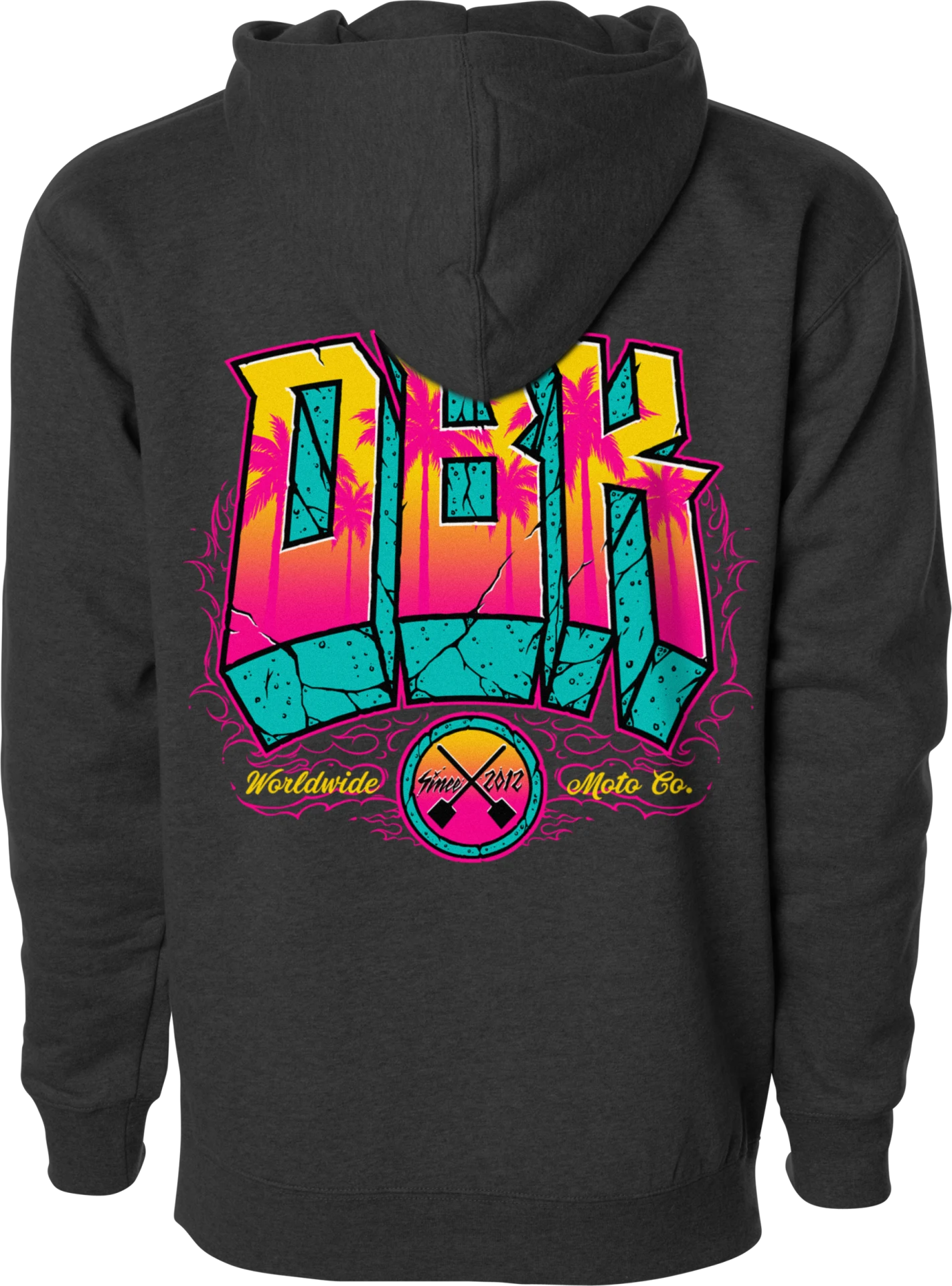 Charcoal heather DBK Block X Block hoodie, back view with large multicolor DBK block-letter graphic
