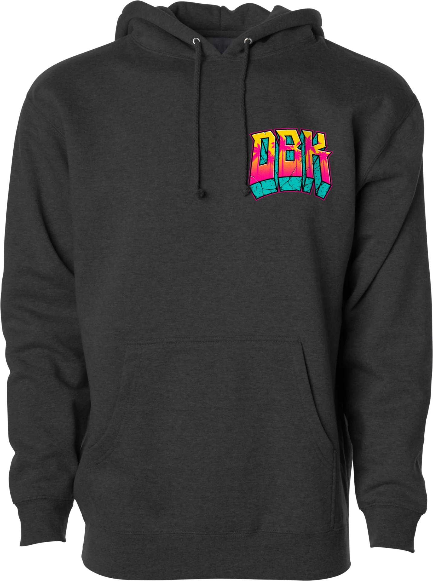 Charcoal heather DBK Block X Block hoodie, front view with small multicolor DBK chest graphic