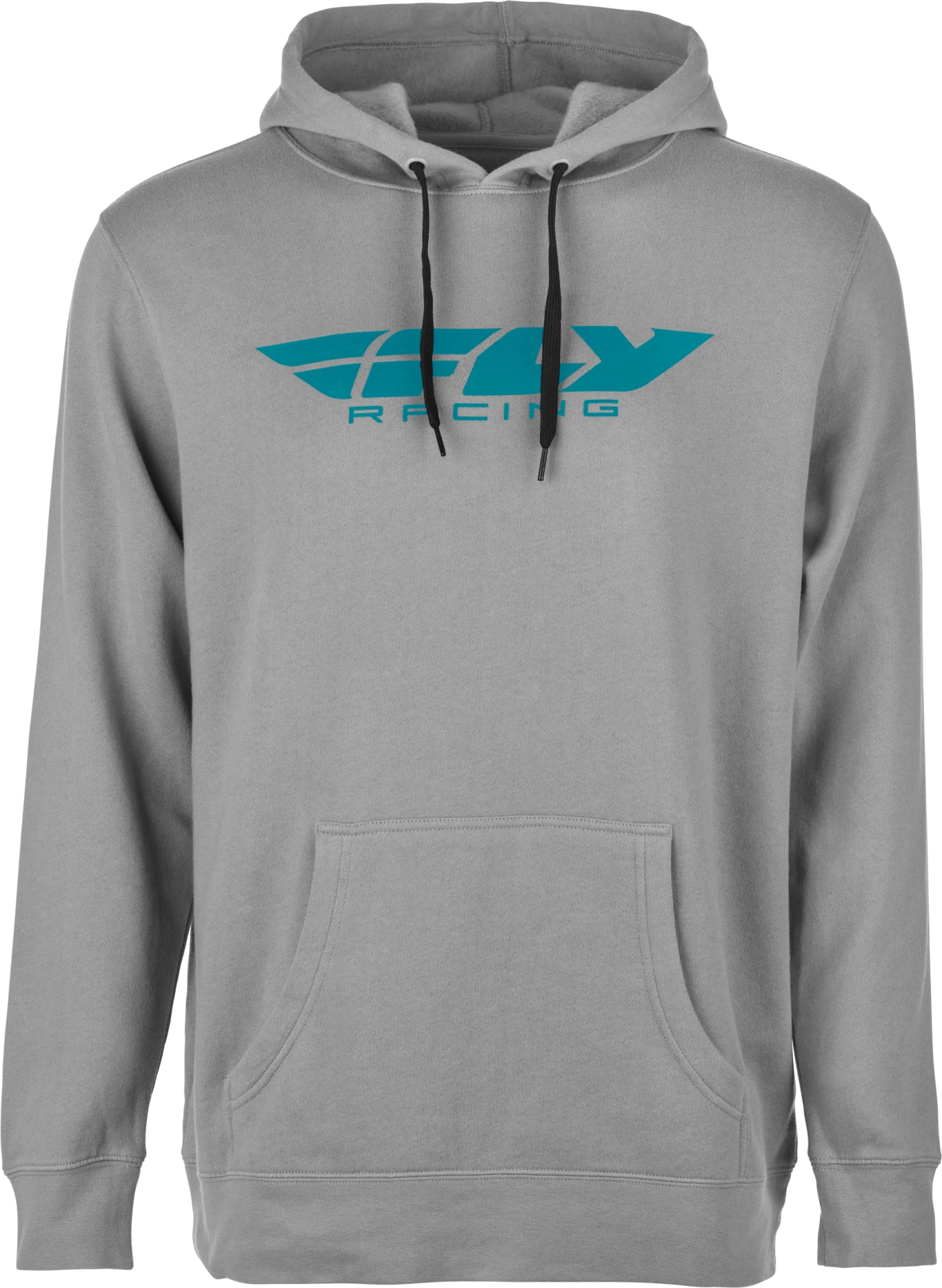 Grey Fly Racing Corporate pullover hoodie, front view with blue Fly Racing logo