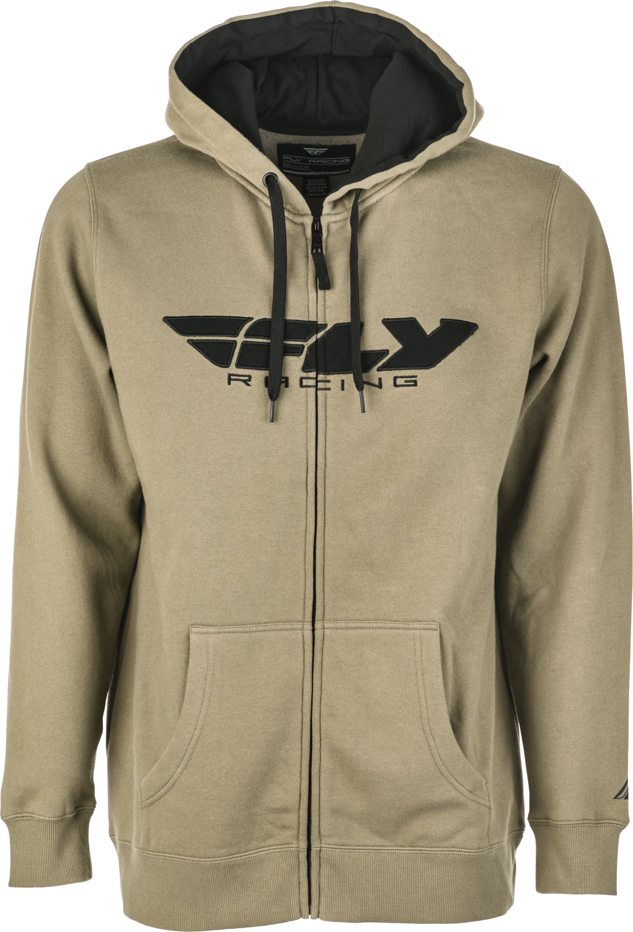 Tan Fly Racing Corporate zip-up hoodie, front view with black Fly Racing logo
