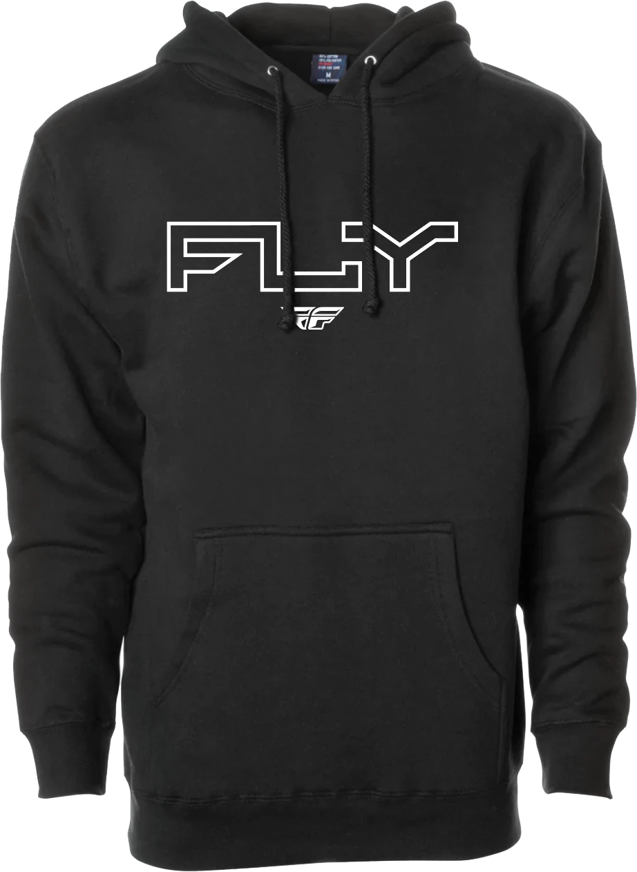 Black Fly Racing Edge pullover hoodie, front view with white outlined Fly logo