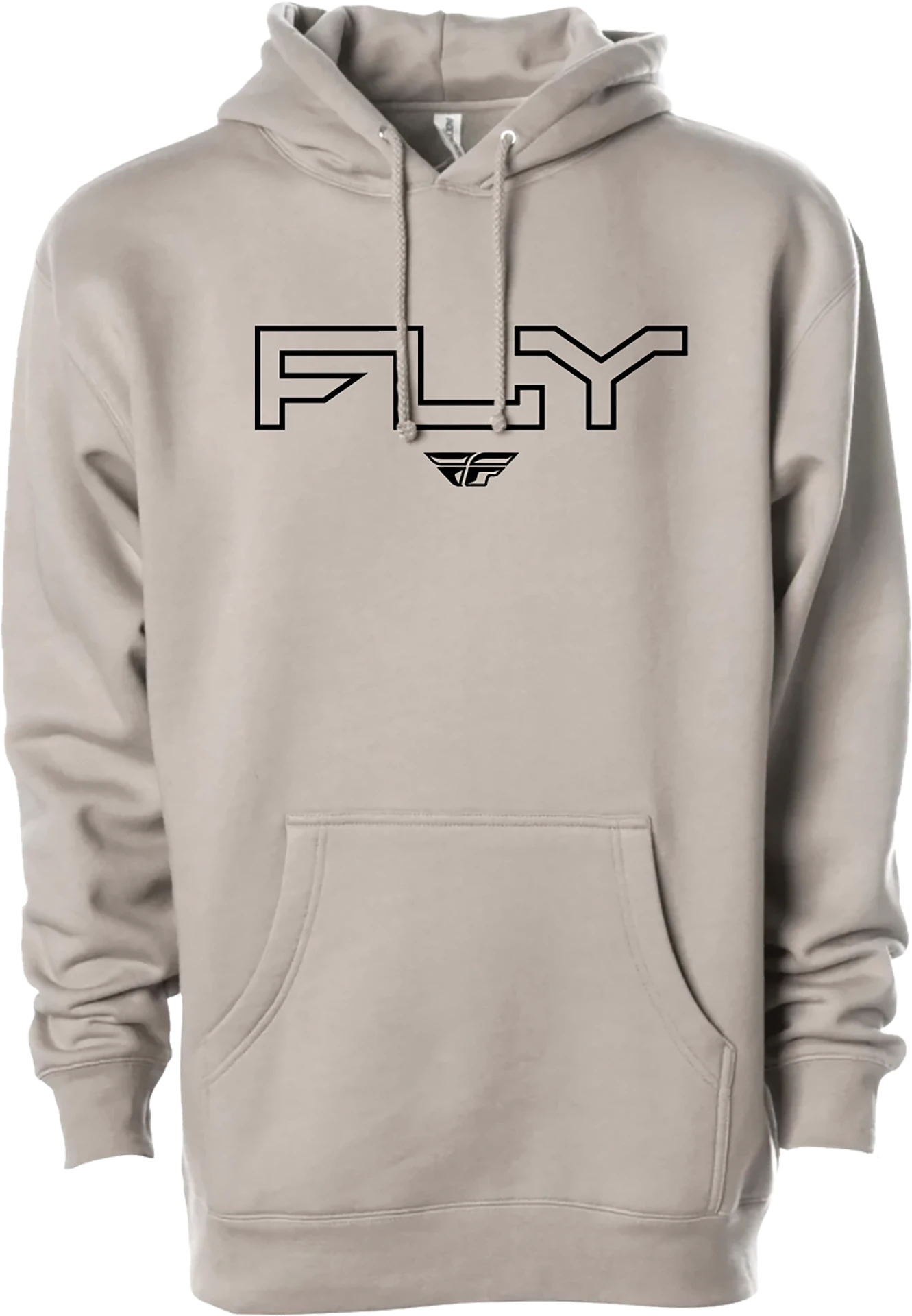 Cement Fly Racing Edge pullover hoodie, front view with black outlined Fly logo