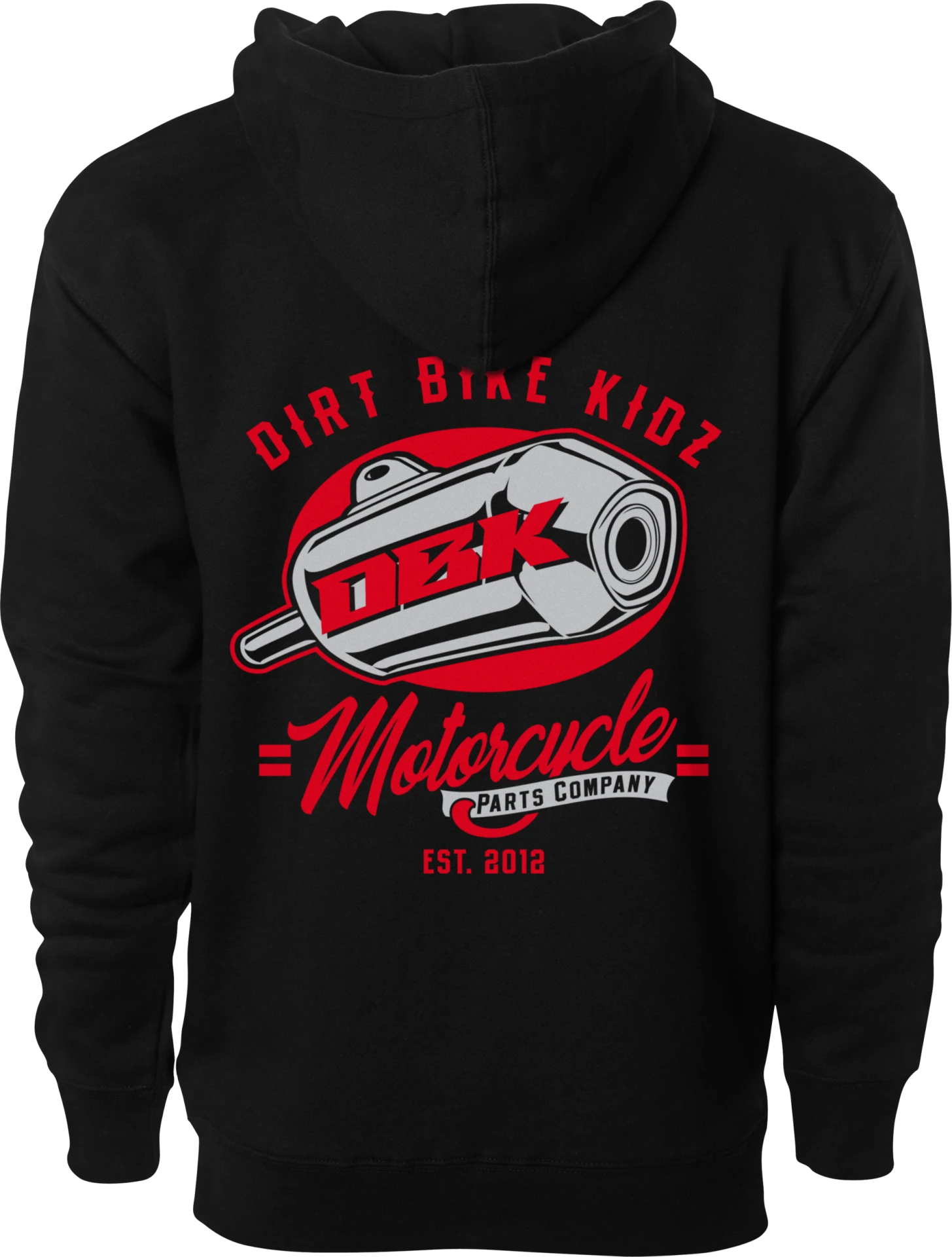 Black DBK Factory hoodie, back view with red and white Dirt Bike Kidz exhaust-pipe graphic