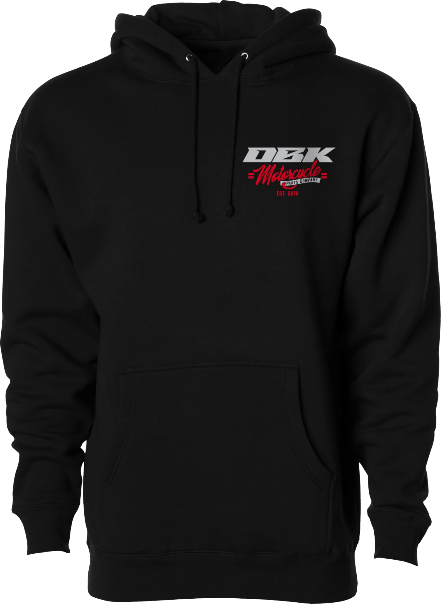 Black DBK Factory hoodie, front view with red and white DBK chest logo